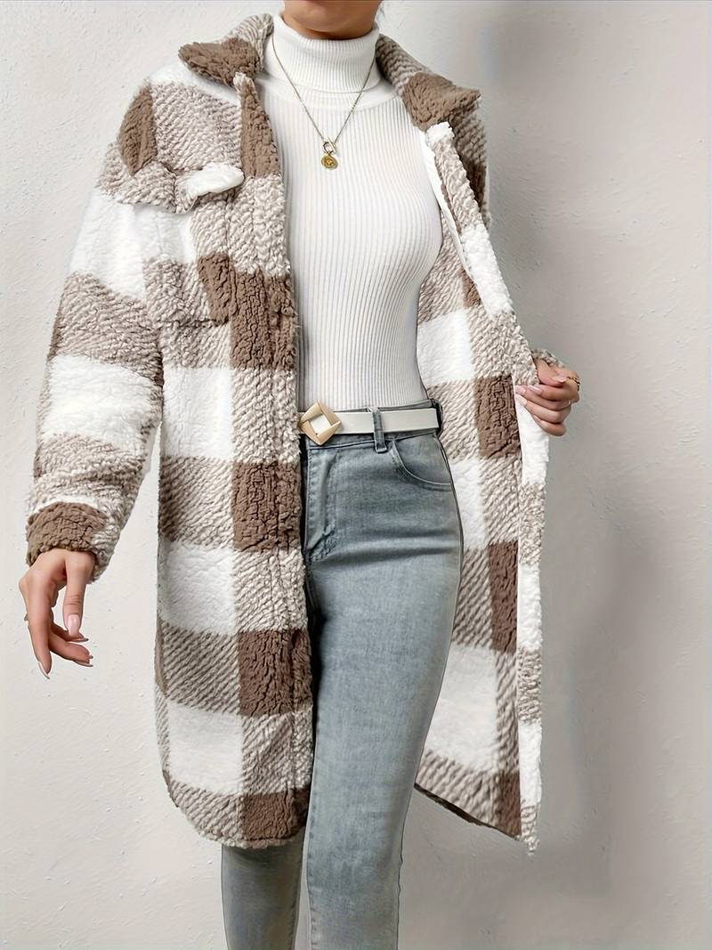women's long checkered teddy jacket with buttons
