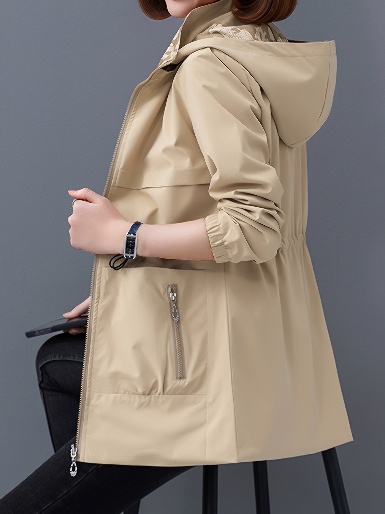 Women's stylish double-sided hooded coat with pockets