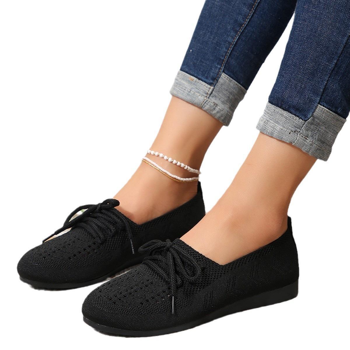 Women's Lace-Up Shoes - Breathable Knit Upper - Lightweight Casual Wear