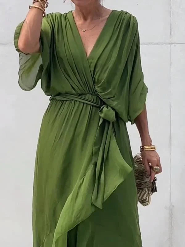 Women's Maxi Dress - Flowing Relaxed Fit - Kimono Sleeves - Adjustable Waist Tie