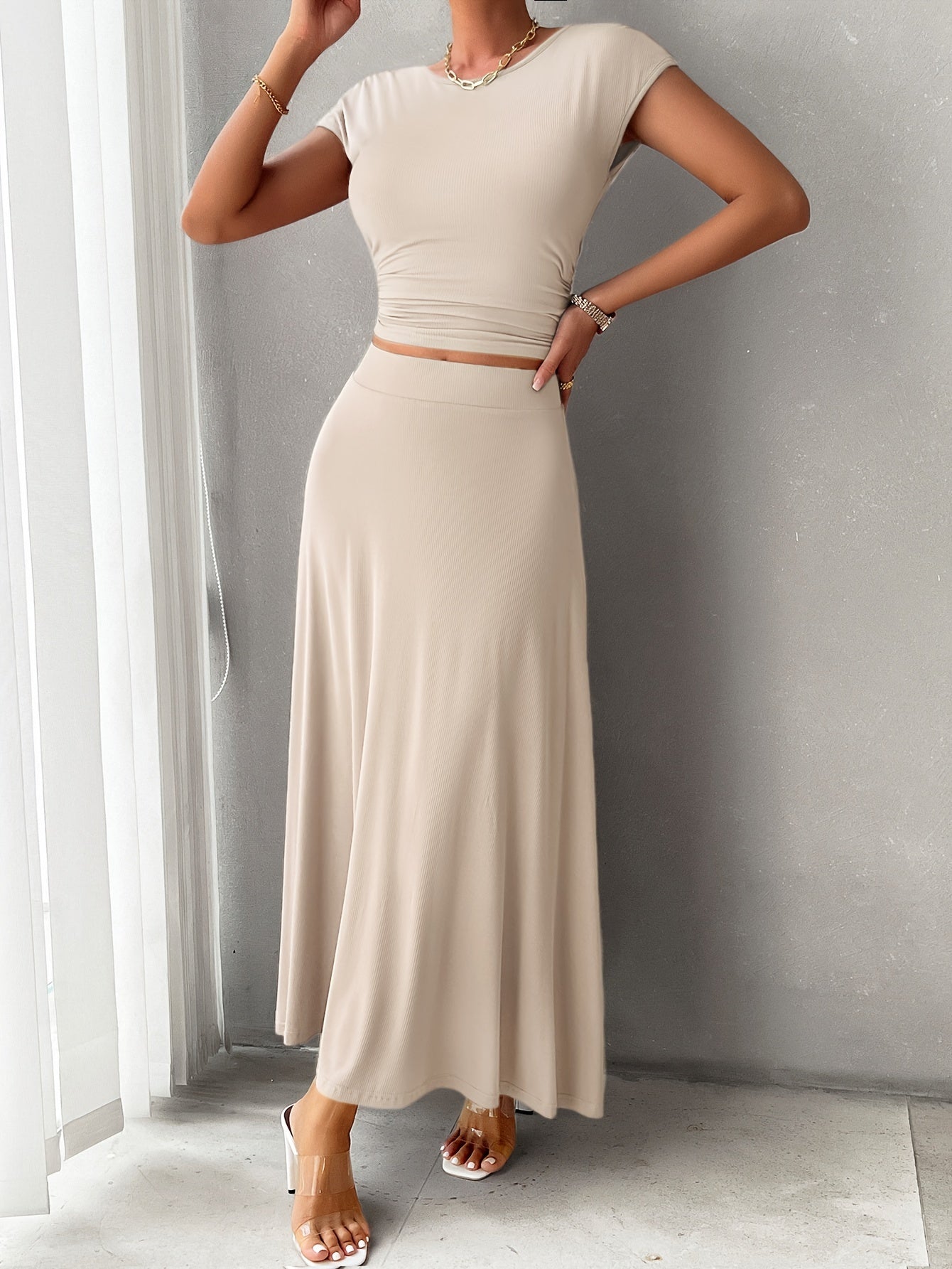 Women's A-Line Dress - Ribbed Knit - Fitted Bodice - Cap Sleeve Elegant Style