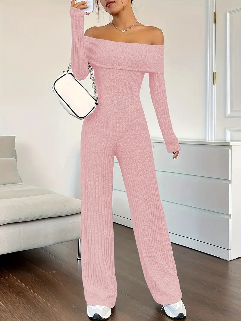 Ribbed Knit Off-Shoulder Wide-Leg Jumpsuit