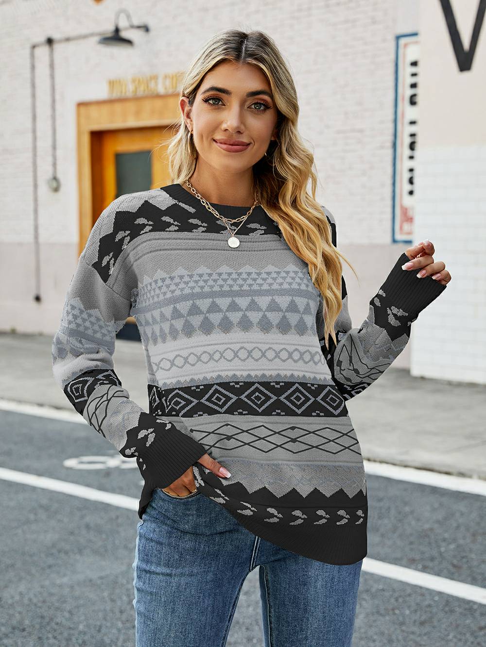 Women's fair isle pattern round neck pullover sweater