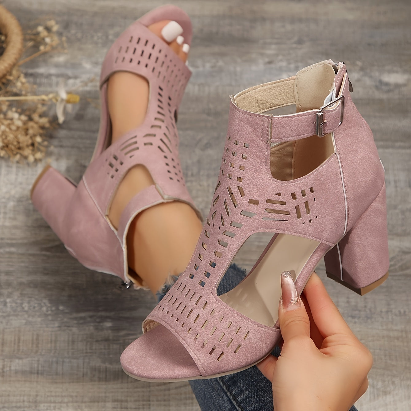Women's Peep-Toe Ankle Boots - Cut-Out Design - Block Heel - Buckle Strap