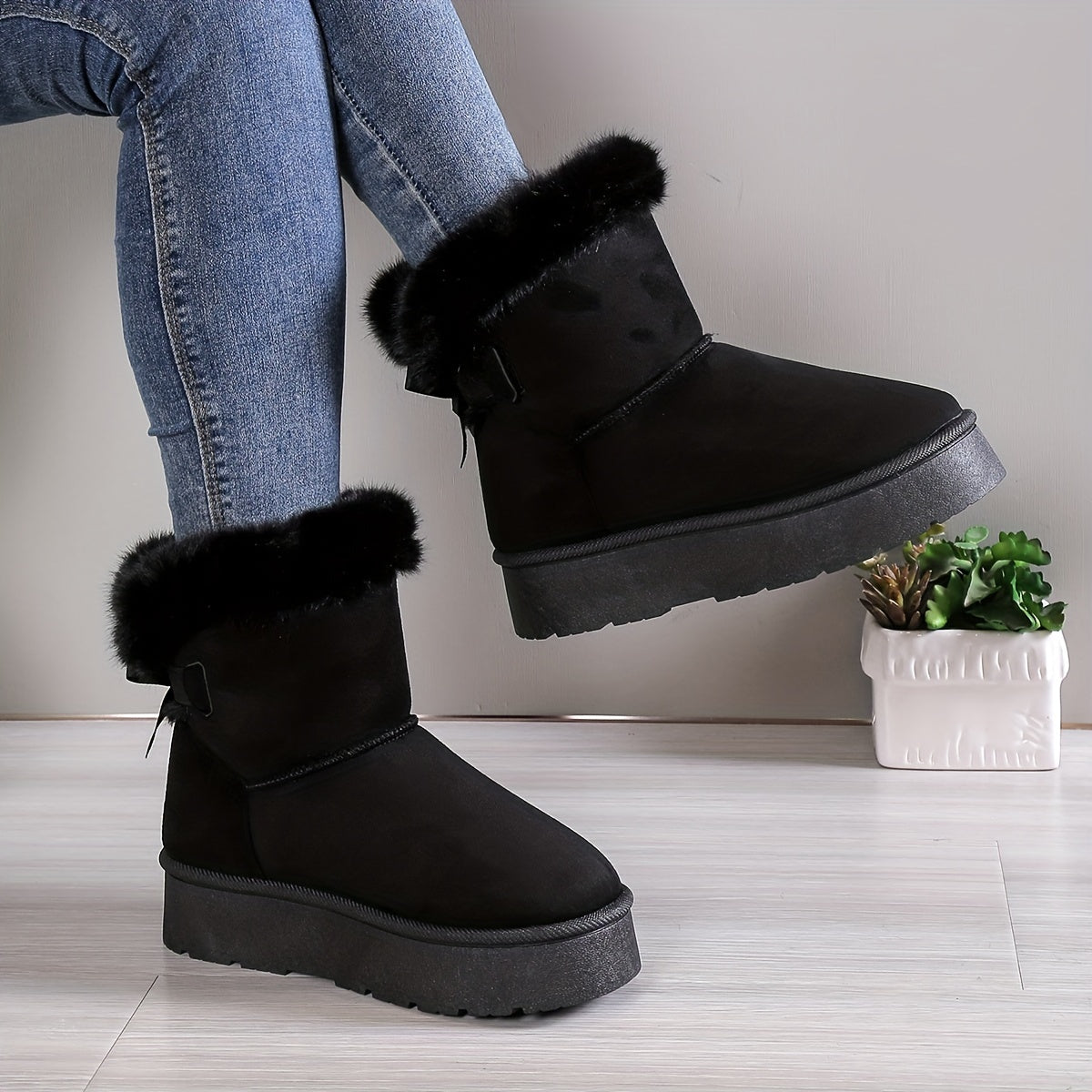 Women's stylish mid-top fleece and padded plush boots with bow knot