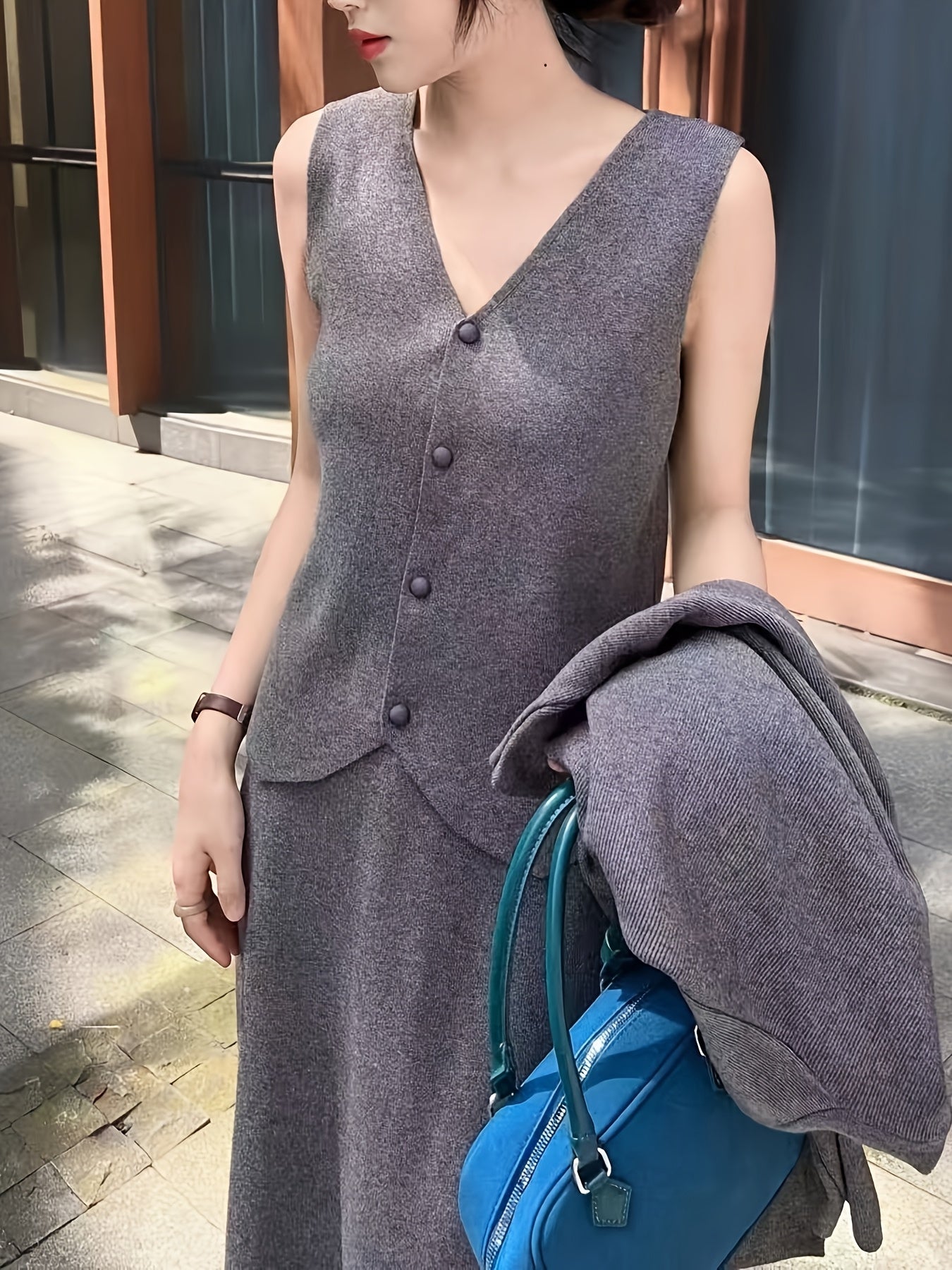 Three-piece cardigan, vest, and skirt knit set for women