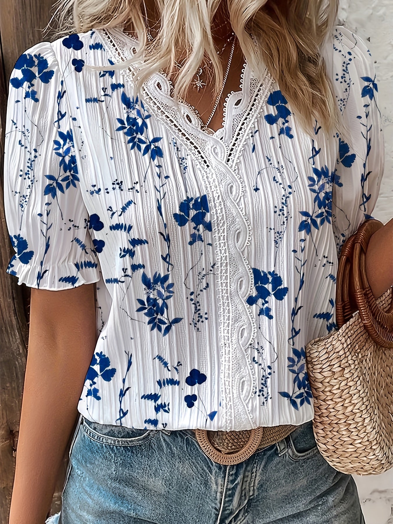 Women's Blouse - Floral V-Neck with Lace Trim - Short Puff Sleeve - Relaxed Fit