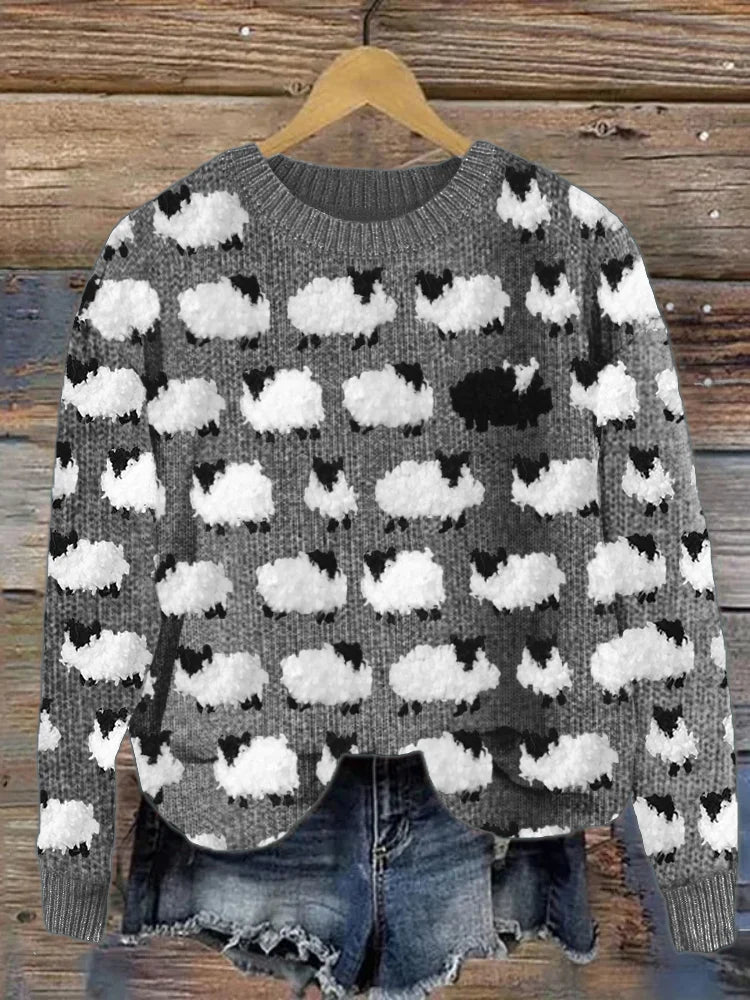 Women’s Pullover Sweatshirt – Relaxed Fit – Wool Knit – Crew Neck – Sheep Print Design