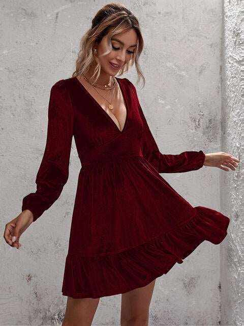 Women's Dress - Soft Luxe Fabric - Deep V-Neck - Long Balloon Sleeves - Ruffled Hem