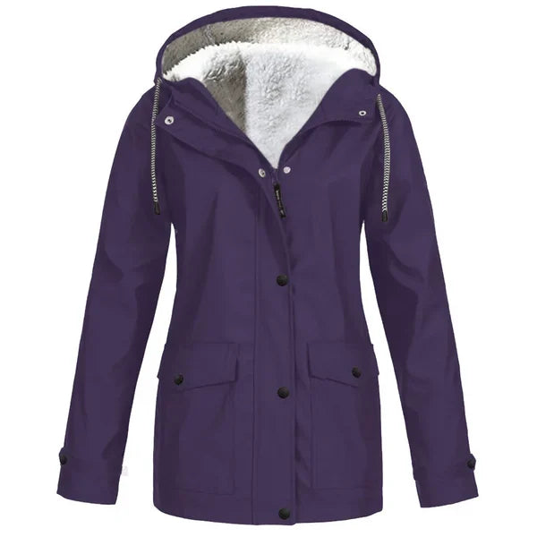 Women's Hooded Raincoat - Waterproof - Faux Fur Lined - Adjustable Cuffs - Zip Closure