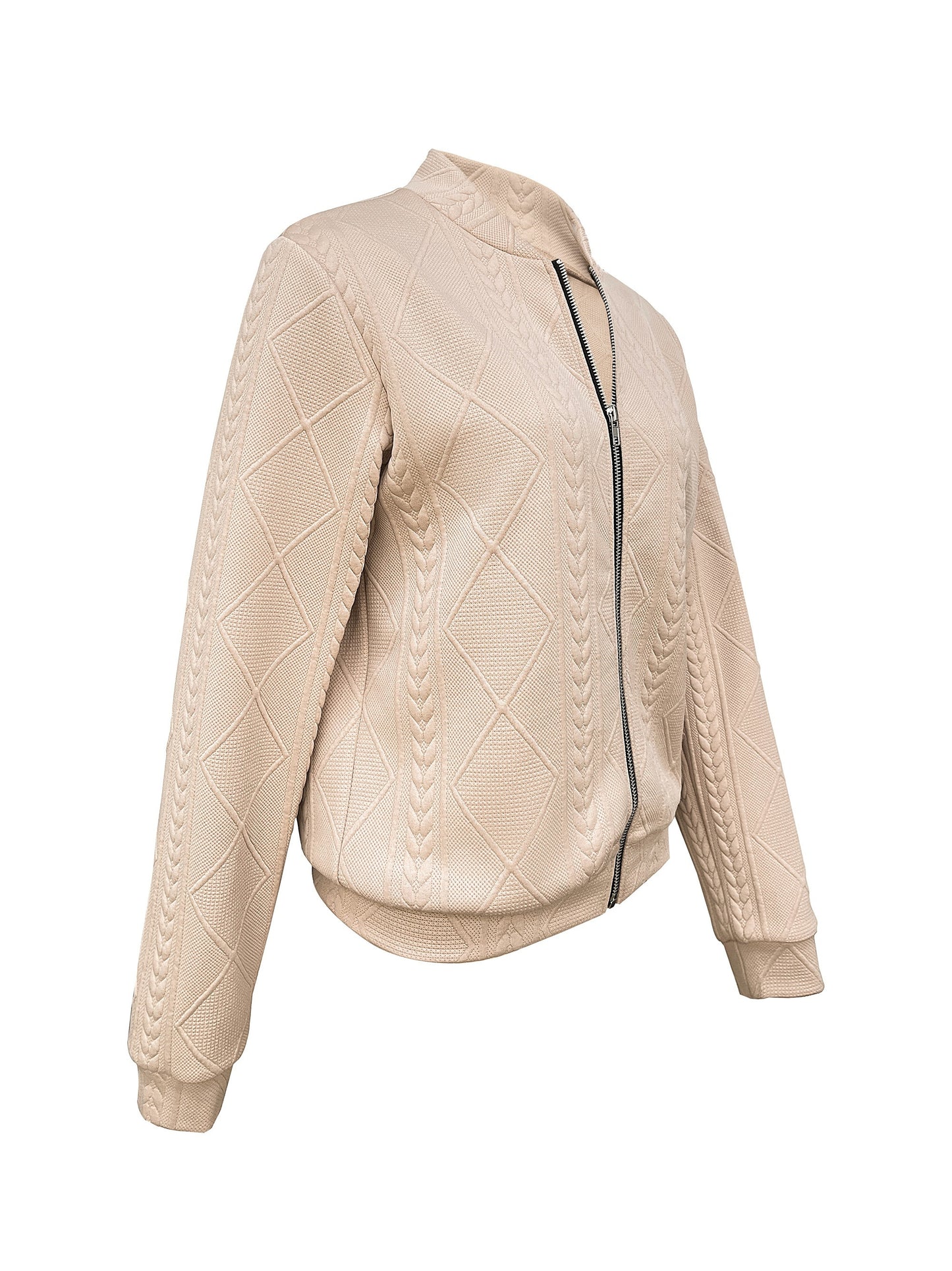 Women's Bomber Jacket - Quilted Knit Texture - Fitted Ribbed Cuffs - Zip Closure