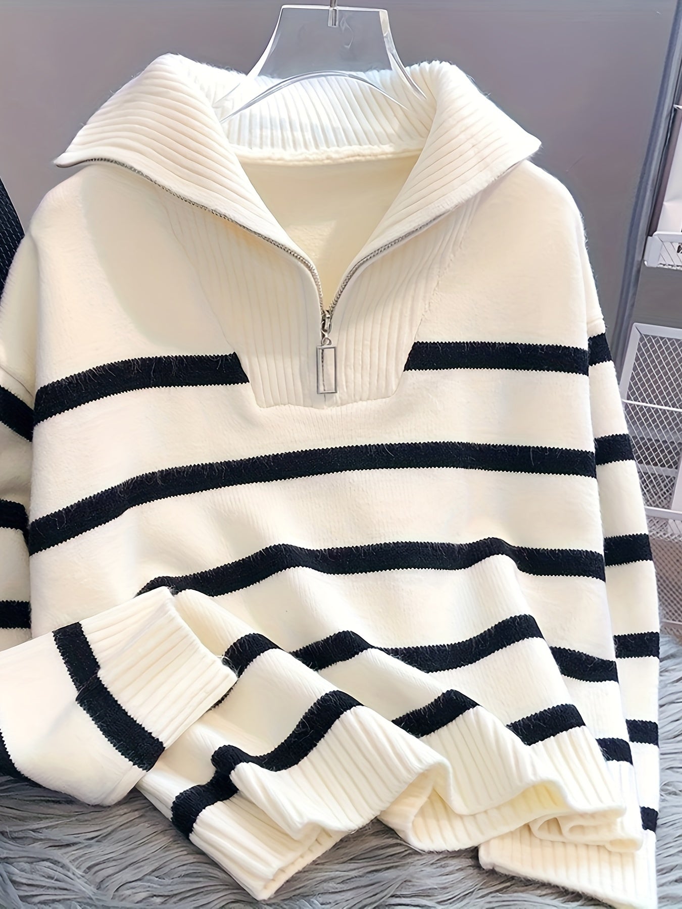 Striped quarter-zip pullover sweater with ribbed collar for women