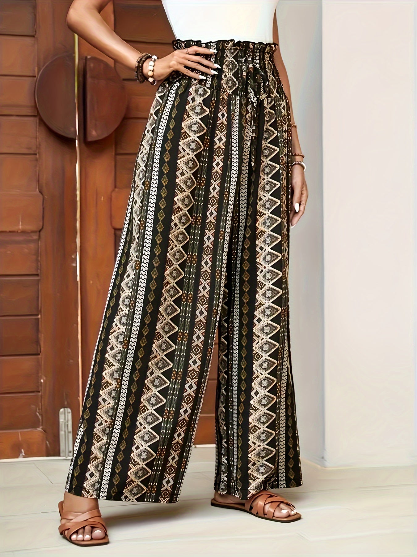 Women's Wide-Leg Pants - High-Waisted Bohemian Print - Flowing Relaxed Fit