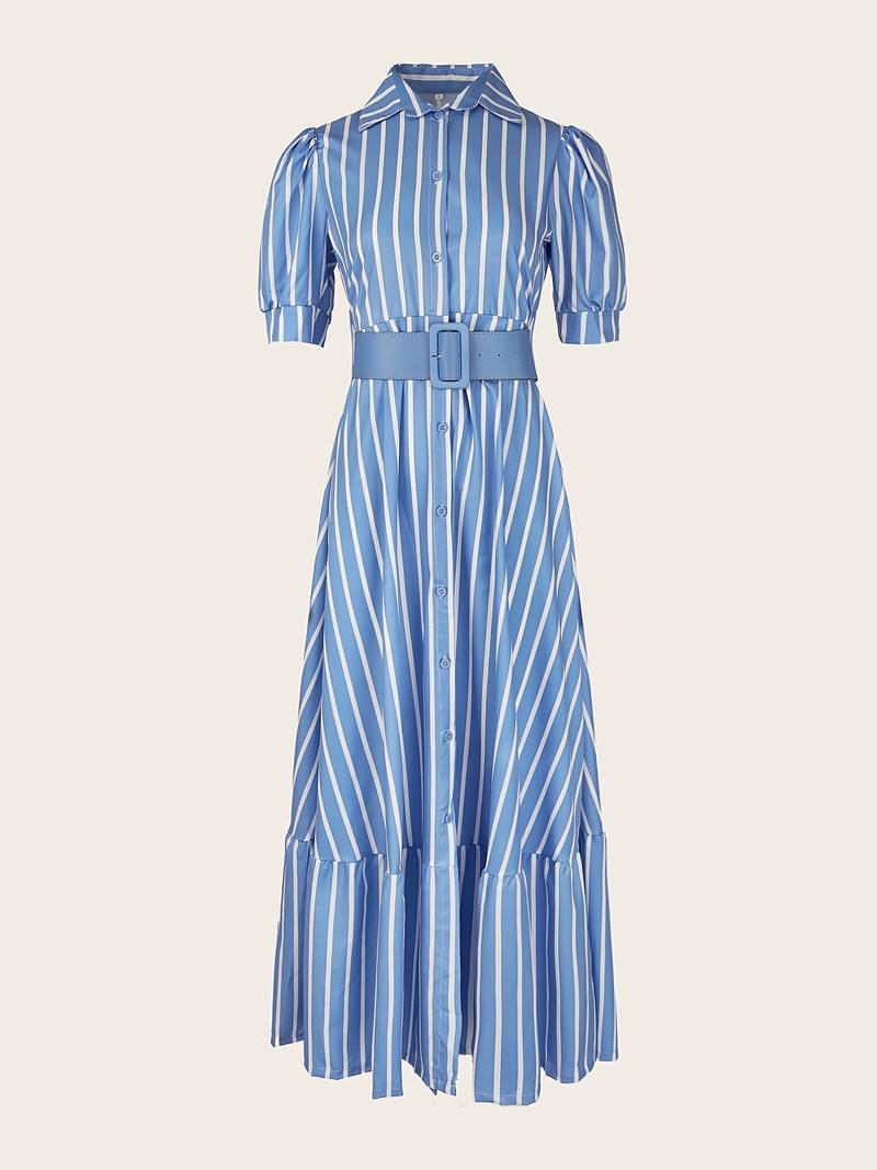 Women's Shirt Dress - Striped Pattern - Puff Sleeve - Button Down - Belted Waist
