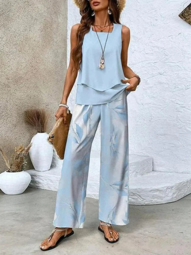 Women’s Two-Piece Set – Sleeveless Top and Wide-Leg Pants – Relaxed Fit – Breathable Blend
