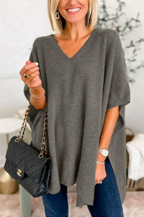 Women's Poncho Top - Loose Fit - Soft Knit - V-Neck Flowy Draped Style