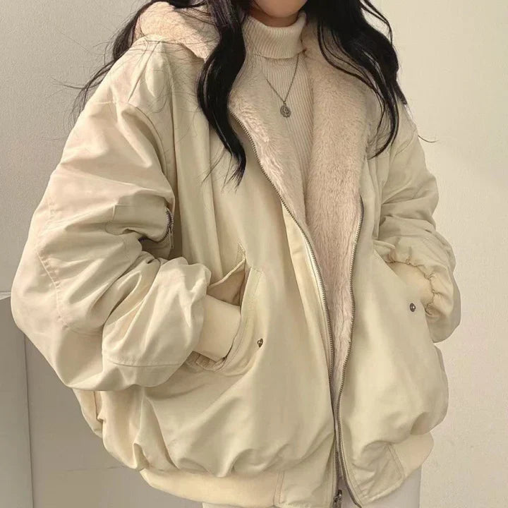 Women's thick parka hooded jacket with zip closure