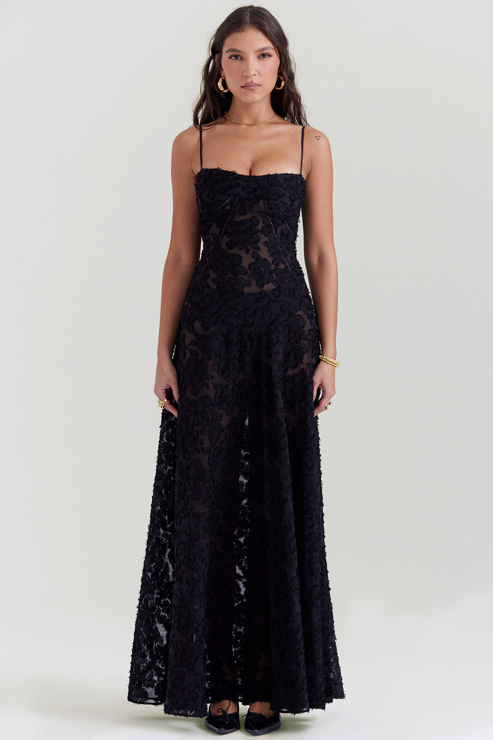 Women's Evening Gown - Floral Sheer Overlay - Spaghetti Straps - Sweetheart Neckline