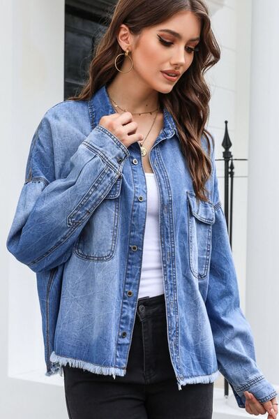 Juliette - raw hem pocketed collared neck denim jacket