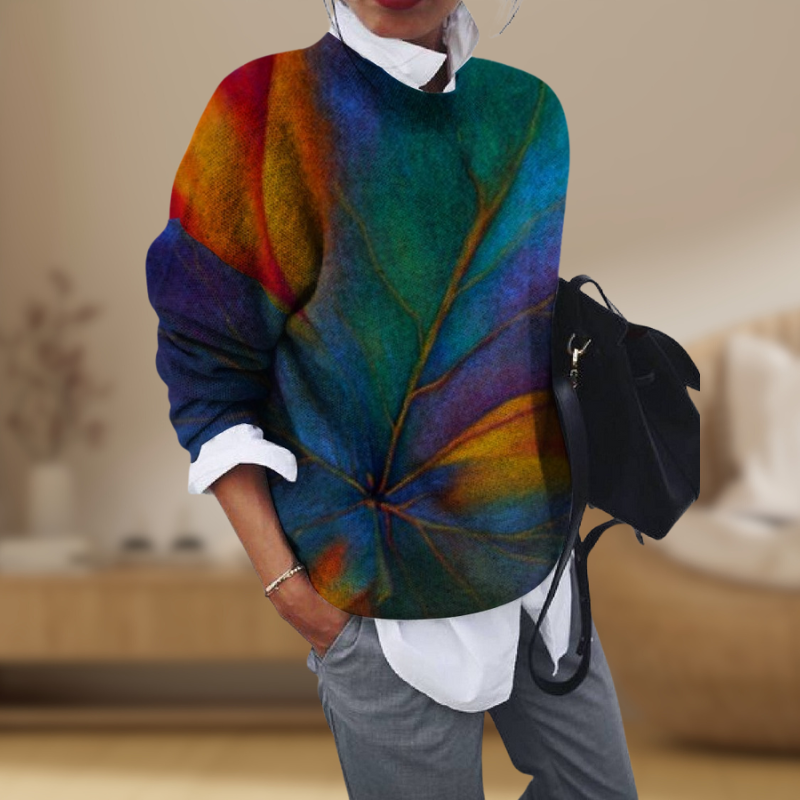 Women's Oversized Sweater - Abstract Leaf Pattern - Loose Fit - Soft Textured Knit