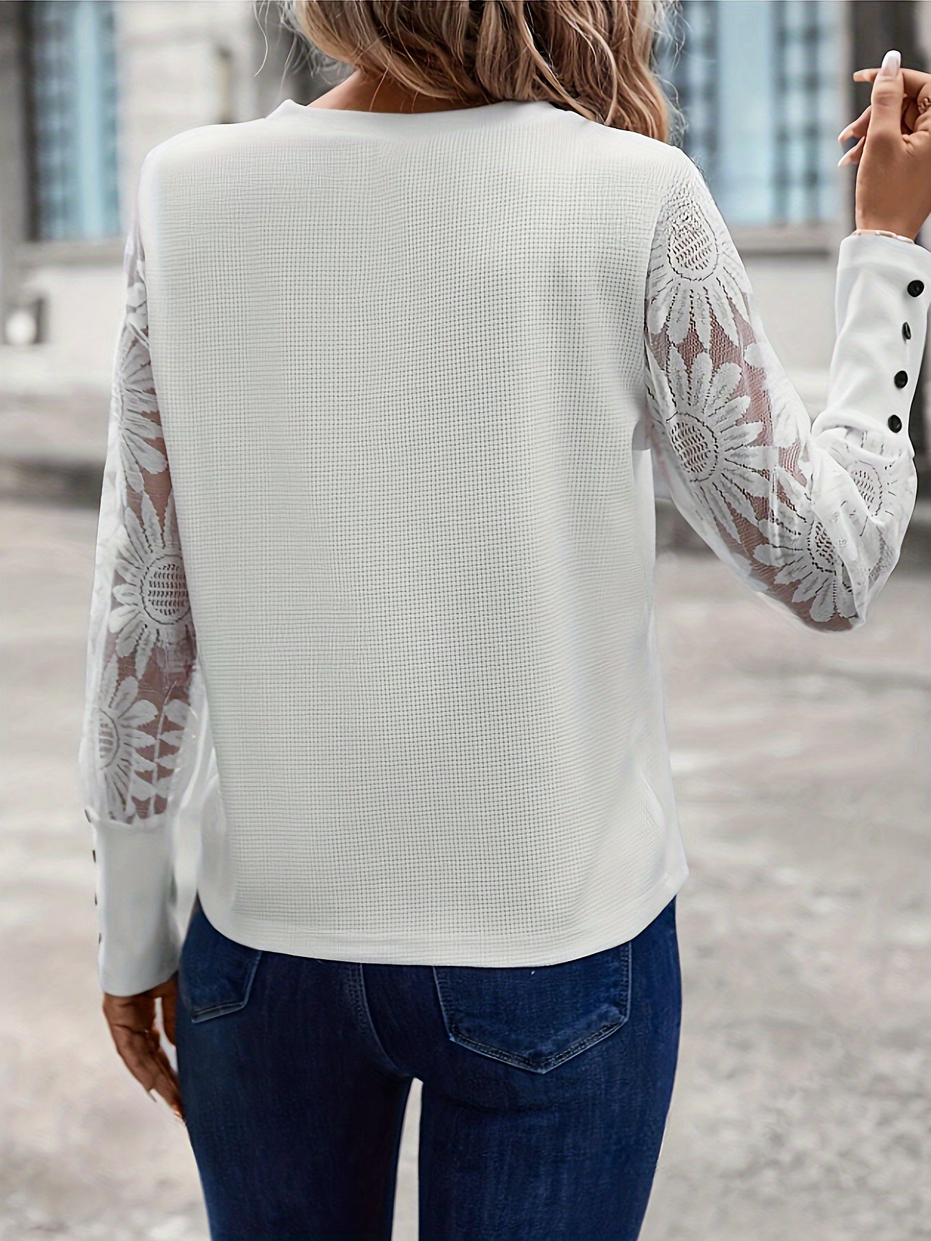 Floral sleeve round neck button cuff casual top for women