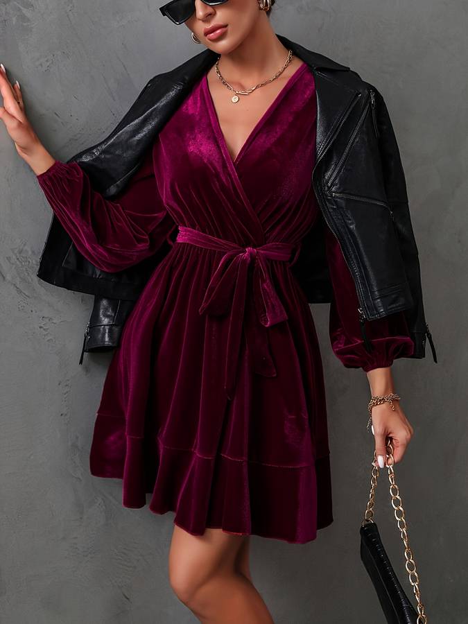 Women's Velvet Wrap Dress - Long Sleeve - V-Neck - Belted Waist - Mini Length Elegant Wear