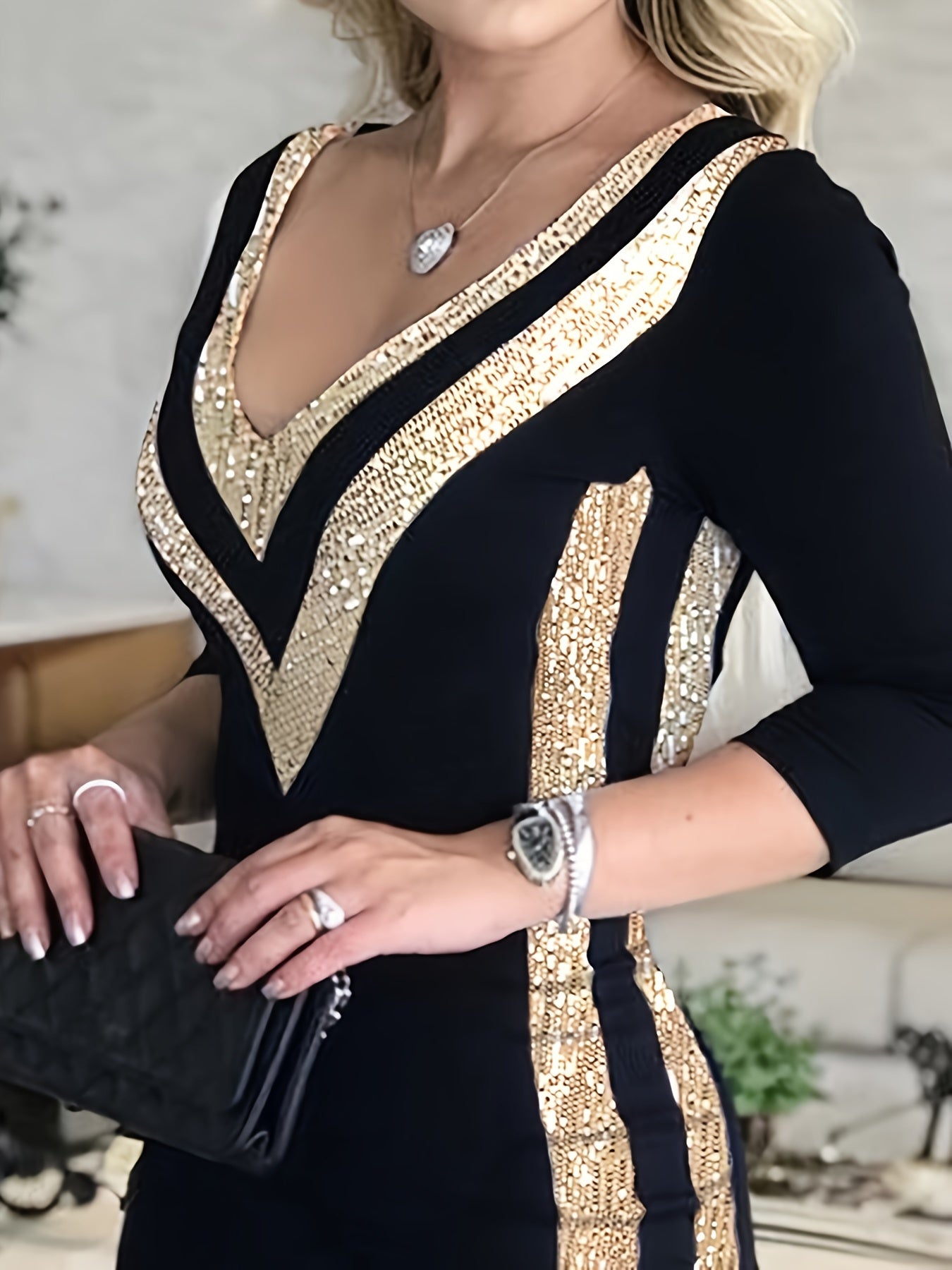 Women's Bodycon Dress - V-Neck - Three-Quarter Sleeve - Metallic Embellished Elegant Fit