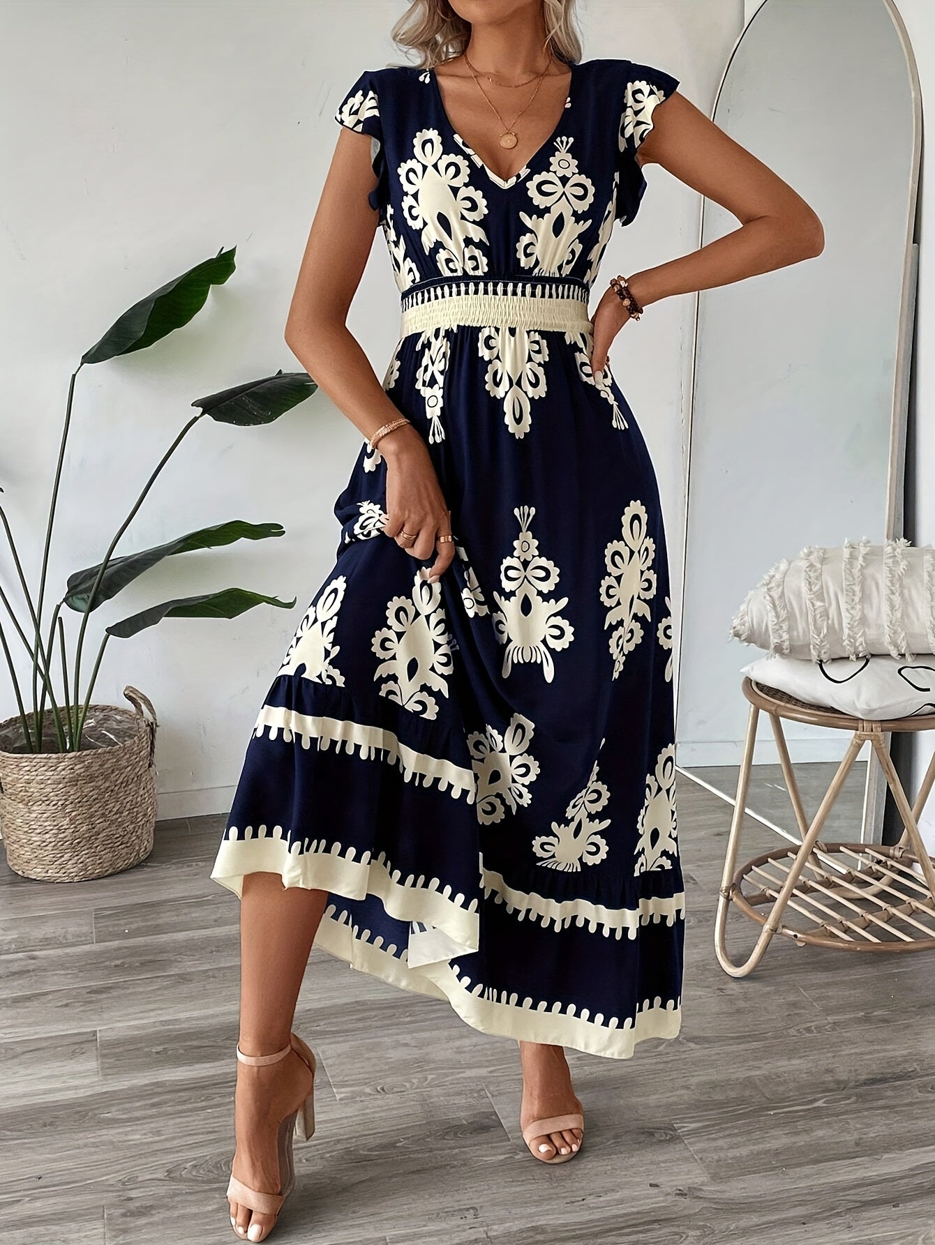 Women's Maxi Dress - V-Neck - Cap Sleeve - Smocked Waist - Flowy Elegant Fit