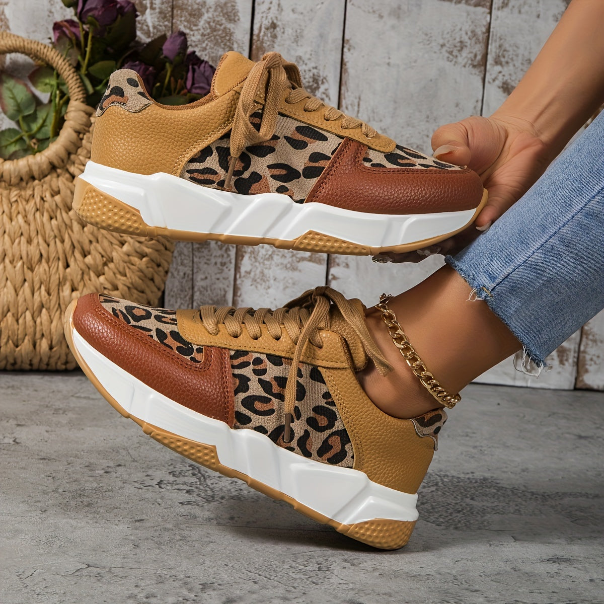 Women's Sneakers - Chunky Sole - Lace-Up - Faux Leather & Fabric - Animal Print