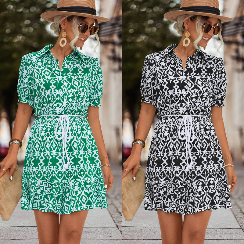 Women's Short Dress - Geometric Print - Collared Neckline - Short Puffed Sleeves - Fitted Waist