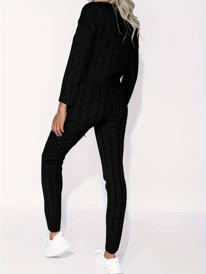 Women’s Lounge Set - Cable Knit - Off Shoulder Sweater - High Waist Tapered Pants