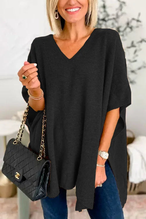 Women's Poncho Top - Loose Fit - Soft Knit - V-Neck Flowy Draped Style