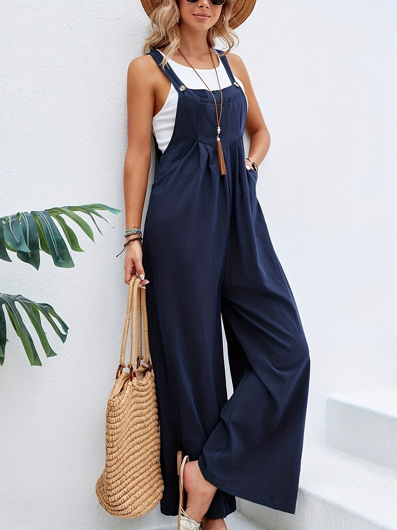 Women's Jumpsuit - Wide Leg Loose Fit - Sleeveless Cotton Blend - Casual Bib Style