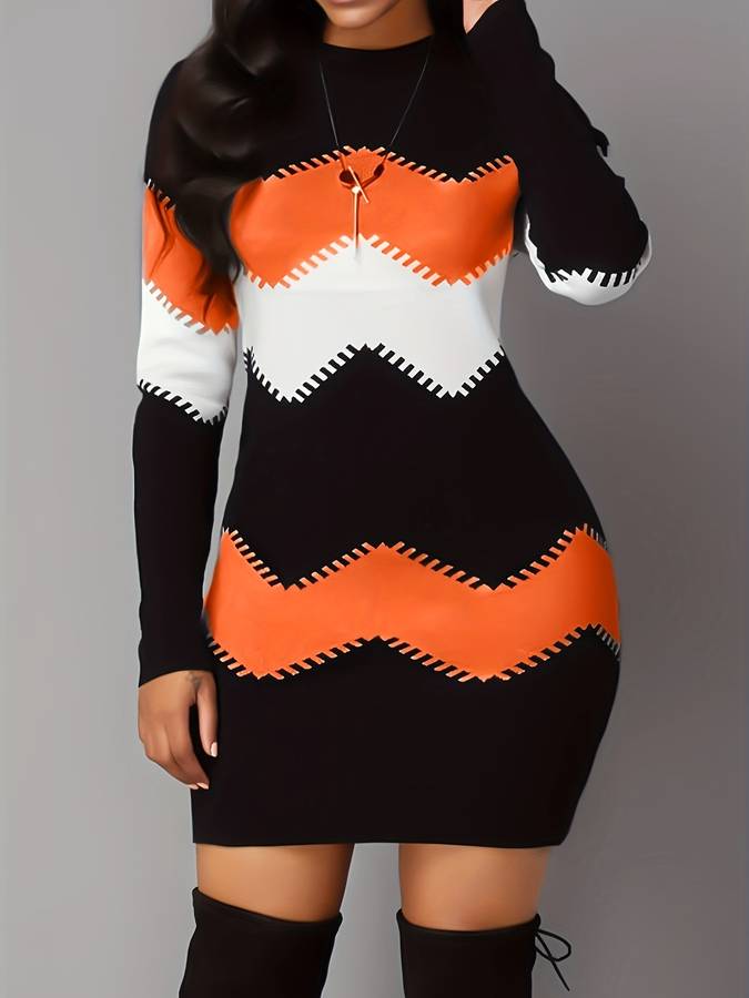 Women's Bodycon Mini Dress - Long Sleeve - Stretch Fabric - Zigzag Pattern