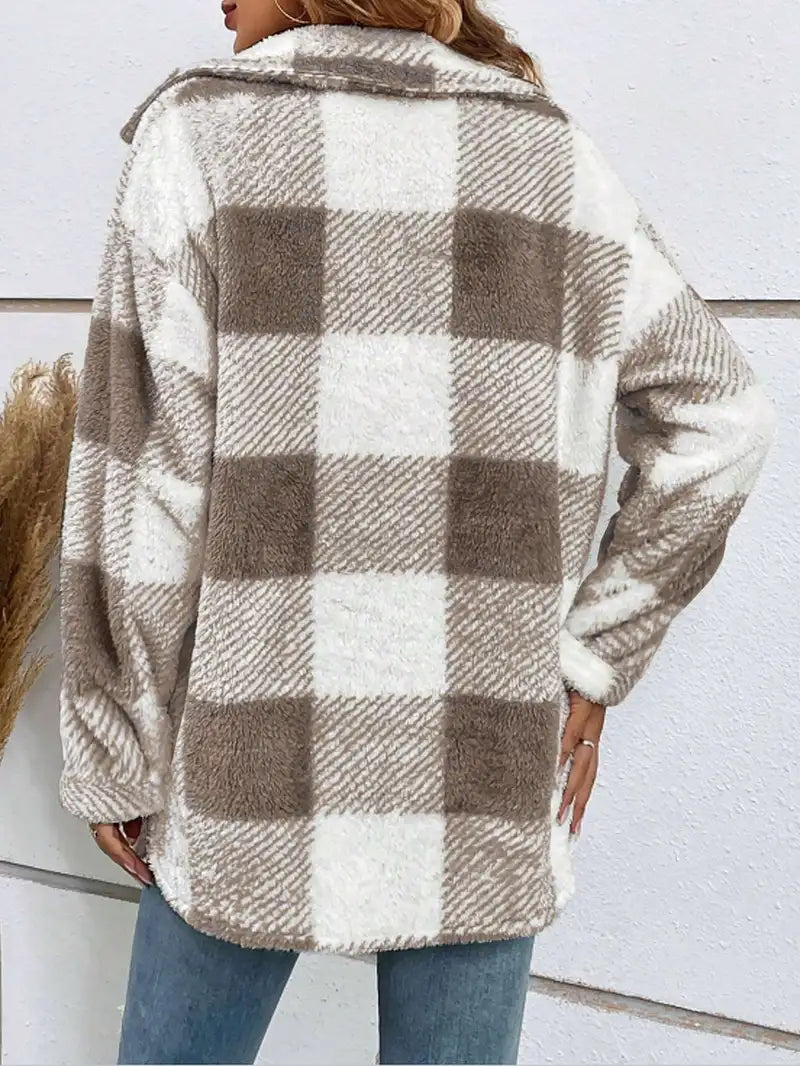 Women's plaid lapel long plush jacket coat