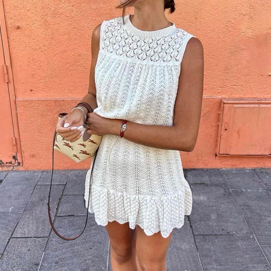 Women’s Sleeveless Knit Dress - Textured Open-Knit Top - Flared Skirt - Ruffled Hem