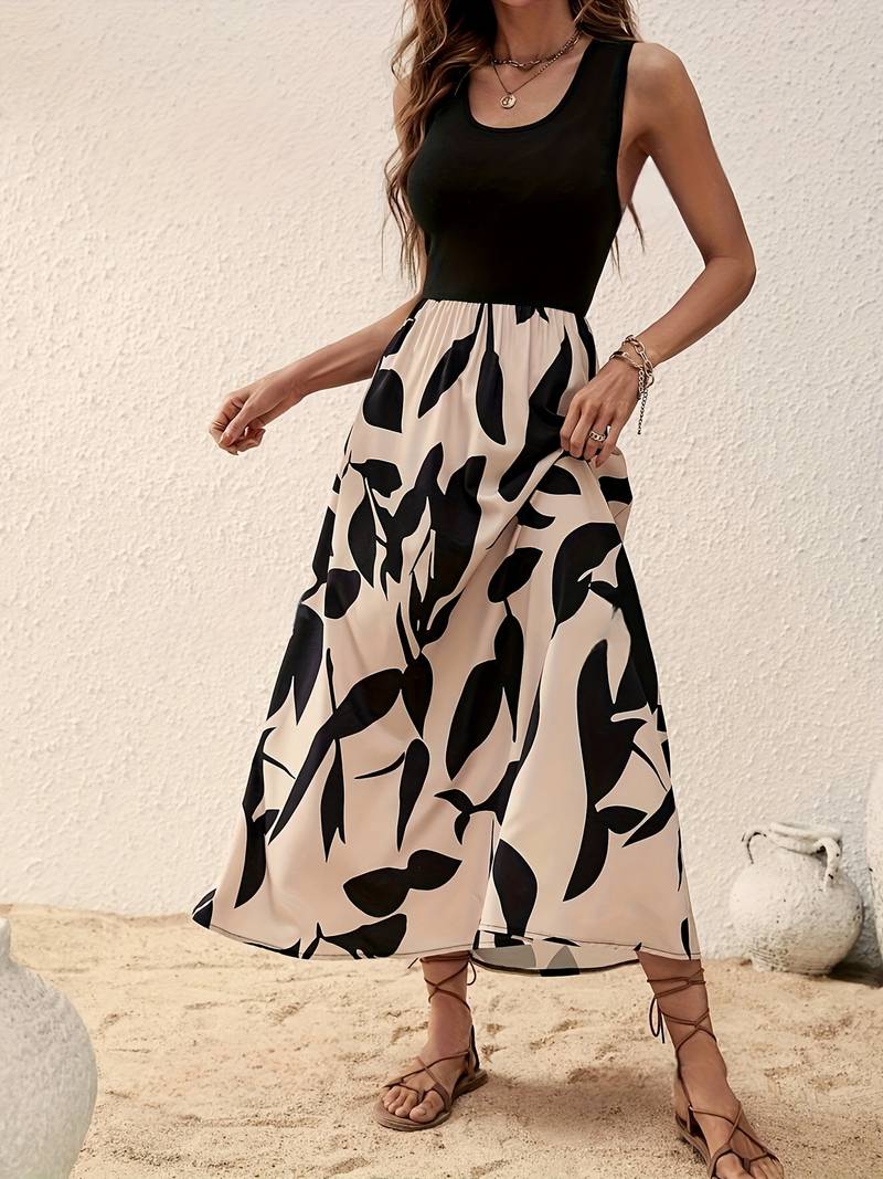 Women's Sleeveless Maxi Dress - Fitted Top - Flowy Botanical Print Skirt - Lightweight