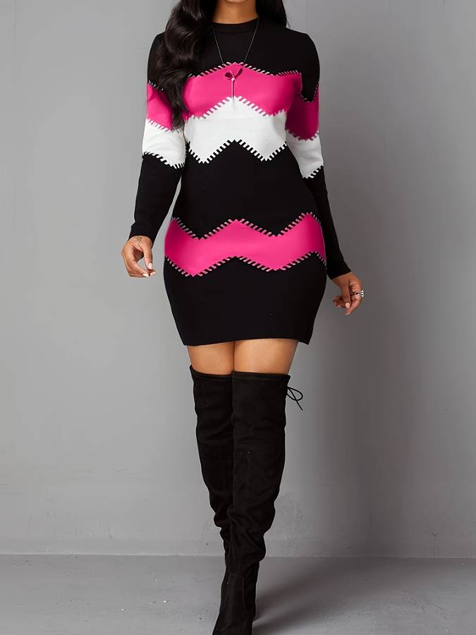 Women's Bodycon Mini Dress - Long Sleeve - Stretch Fabric - Zigzag Pattern