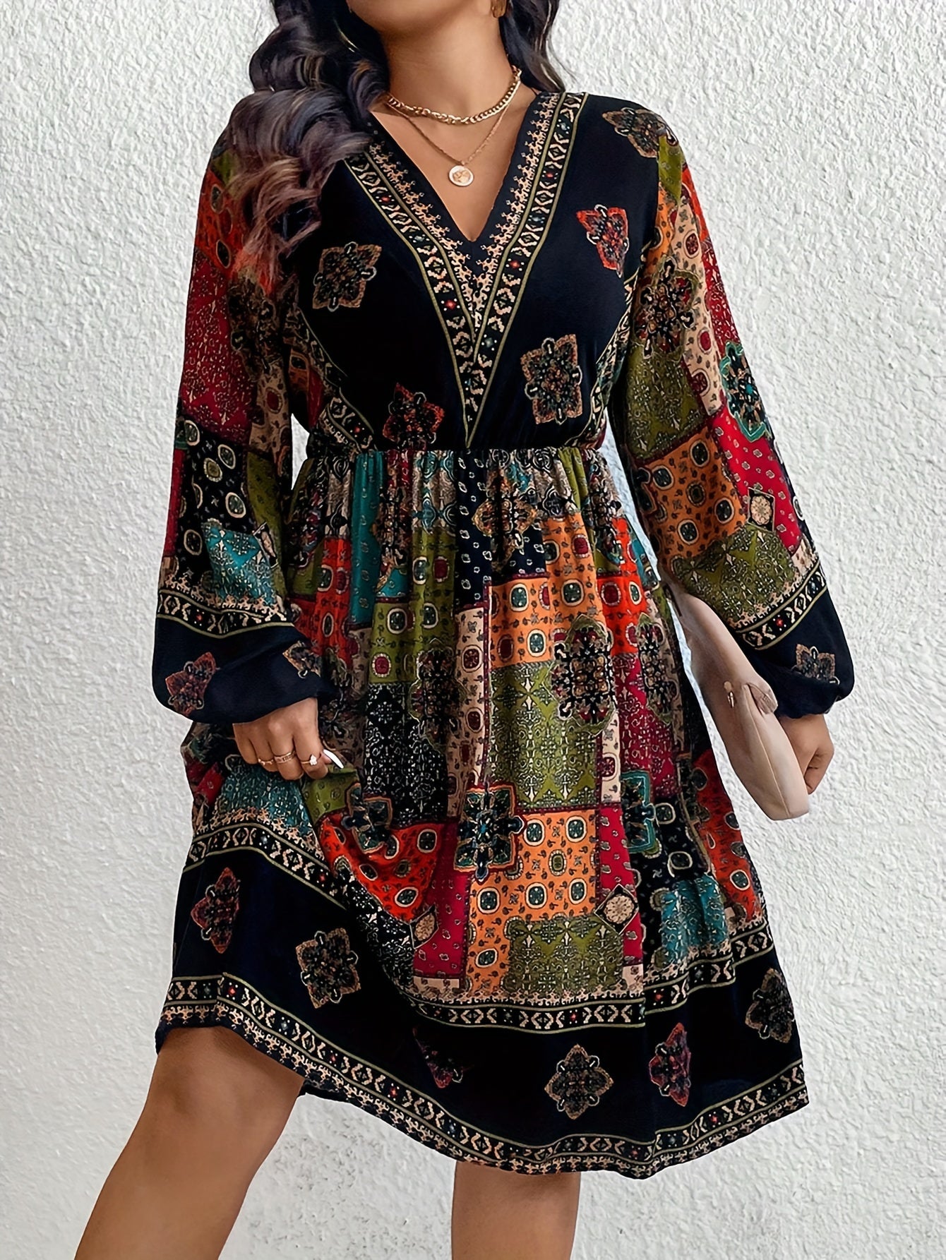 Patchwork Print Flowy V-Neck Midi Dress