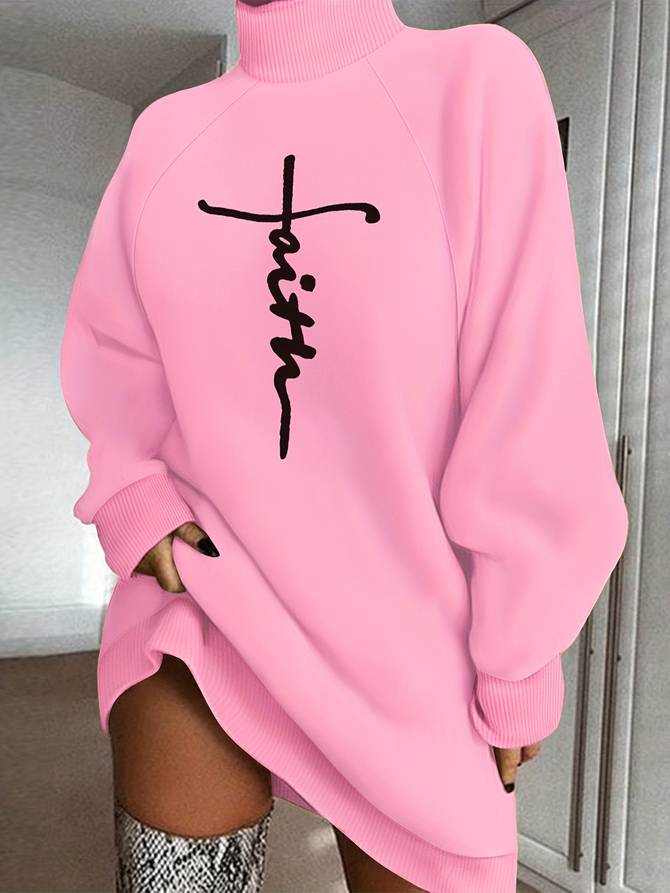 Graphic Print Oversized Turtleneck Sweater Dress