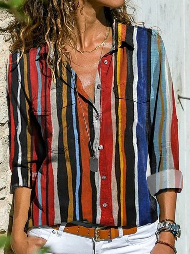 Women's Blouse - Abstract Print - Classic Collar - Roll-Up Sleeves - Relaxed Fit