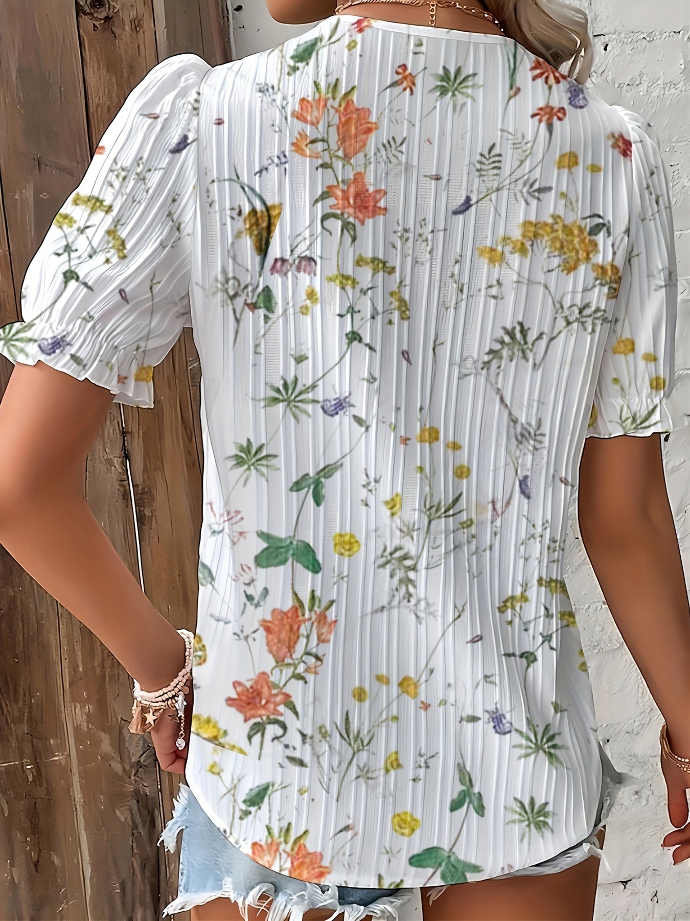 Women's Blouse - Floral V-Neck with Lace Trim - Short Puff Sleeve - Relaxed Fit
