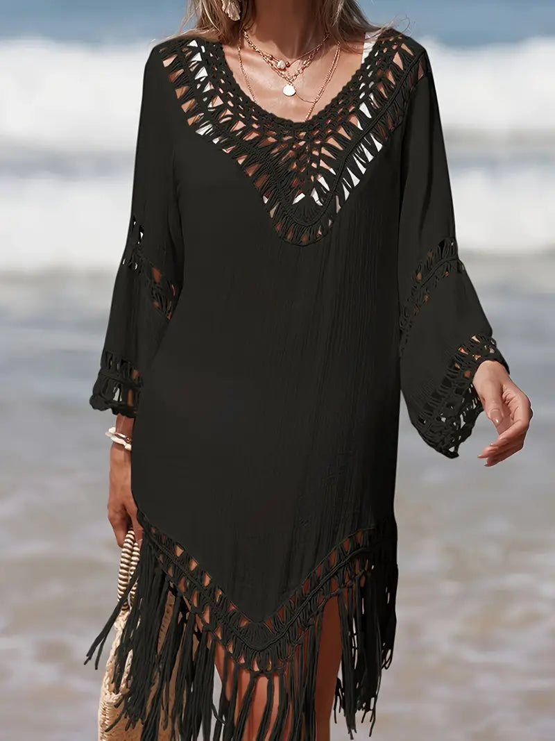 Women's Beach Cover-Up Tunic - Crochet Detail - Lightweight Flowy Fit - Fringe Hem