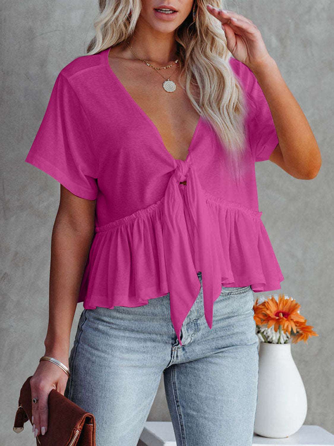Flowy Tie Front Deep V-Neck Blouse