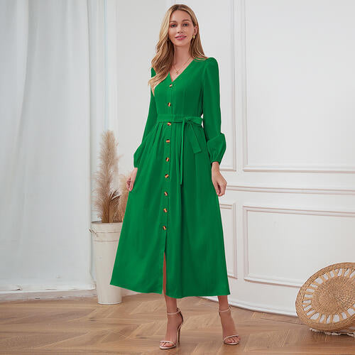 Women's Maxi Dress - V-Neck Button Front - Long Sleeve Tie Waist Flowy Fit