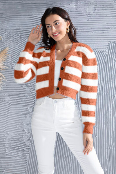 Women's striped cropped button-up cardigan