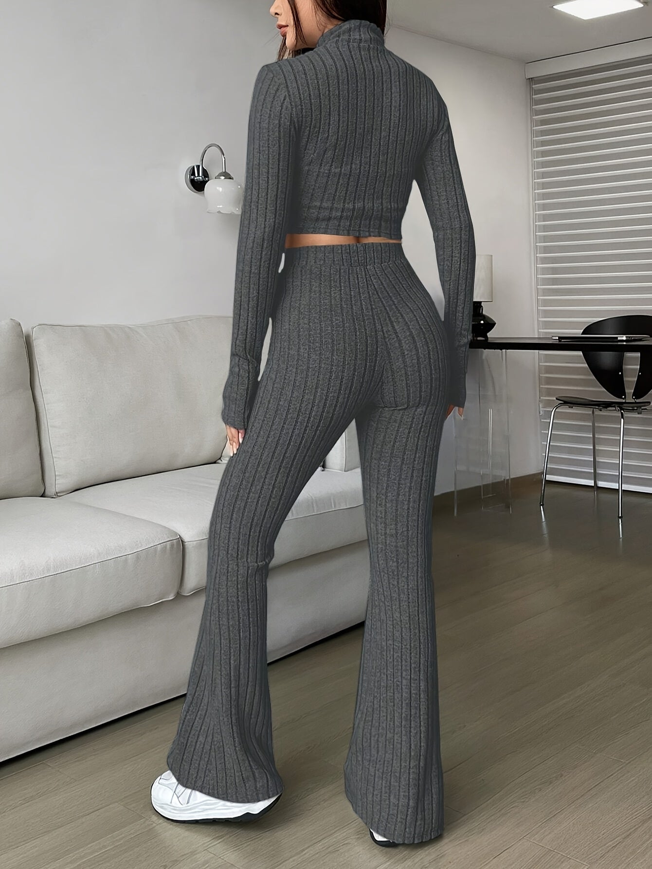 Two-piece ribbed zip-up cropped jacket and flared pants lounge set for women