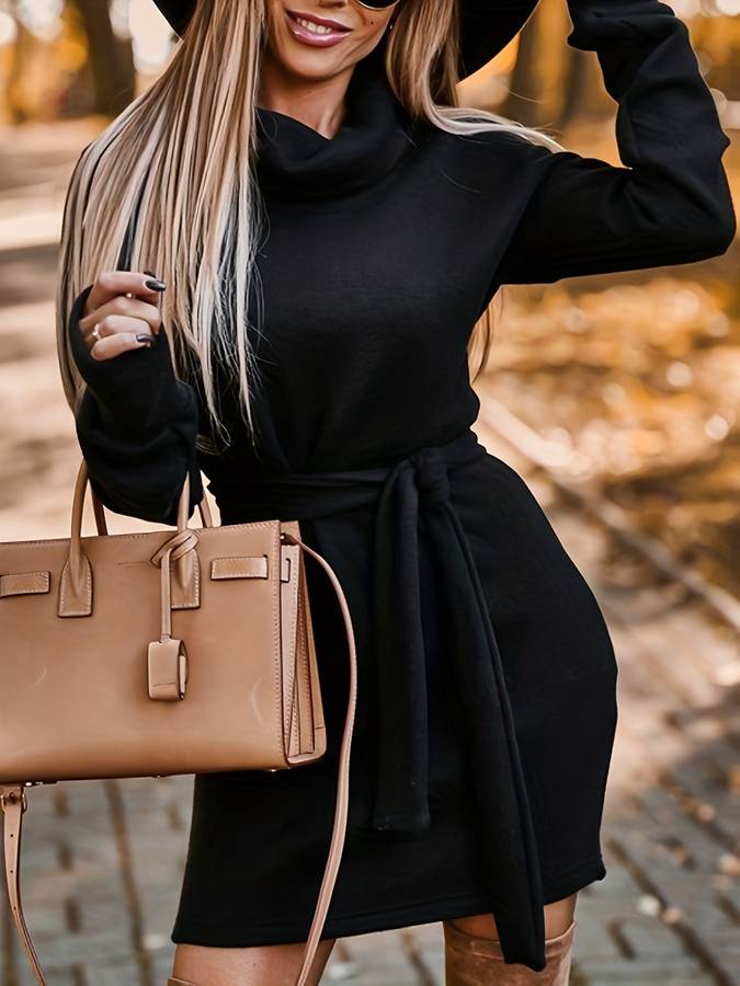Women's Sweater Dress - Oversized Cowl Neck - Long Sleeve Belted Knit
