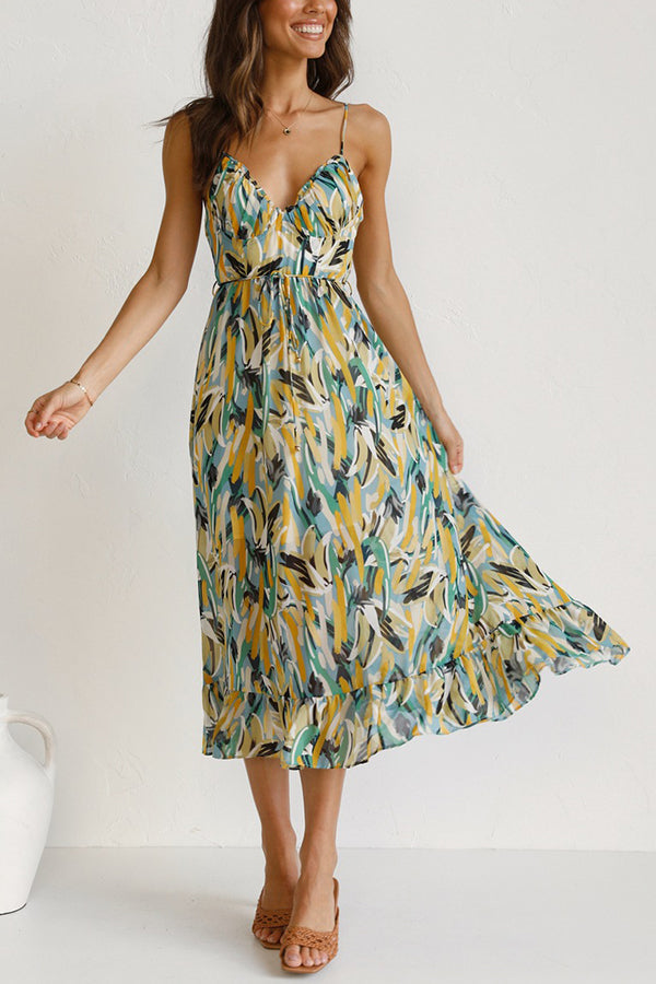 Women's Maxi Dress - Abstract Print - Plunging V-Neck - Spaghetti Straps - Flowing Fit