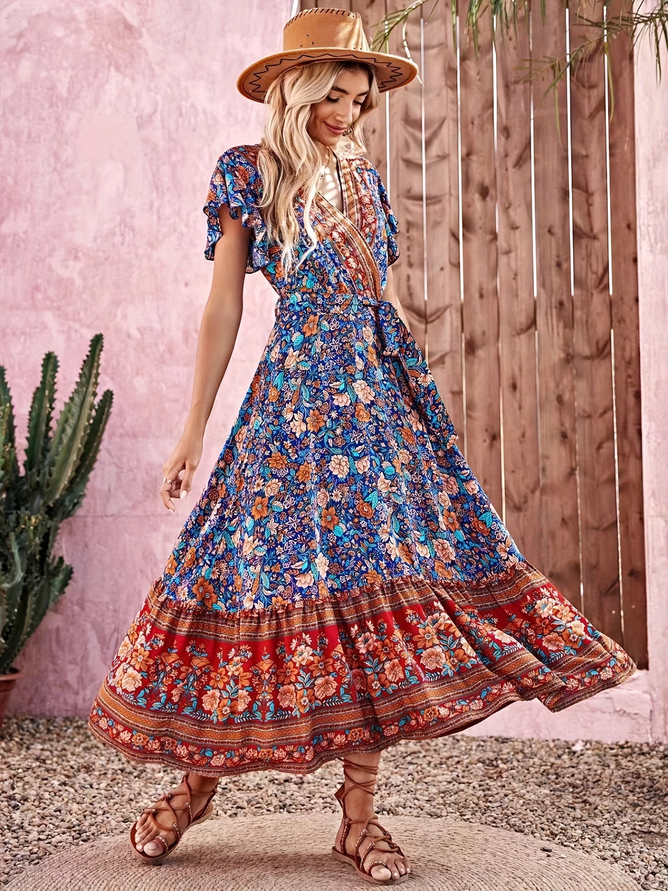 Women’s Maxi Dress - Bohemian Wrap Style - Floral Print - Short Ruffled Sleeves